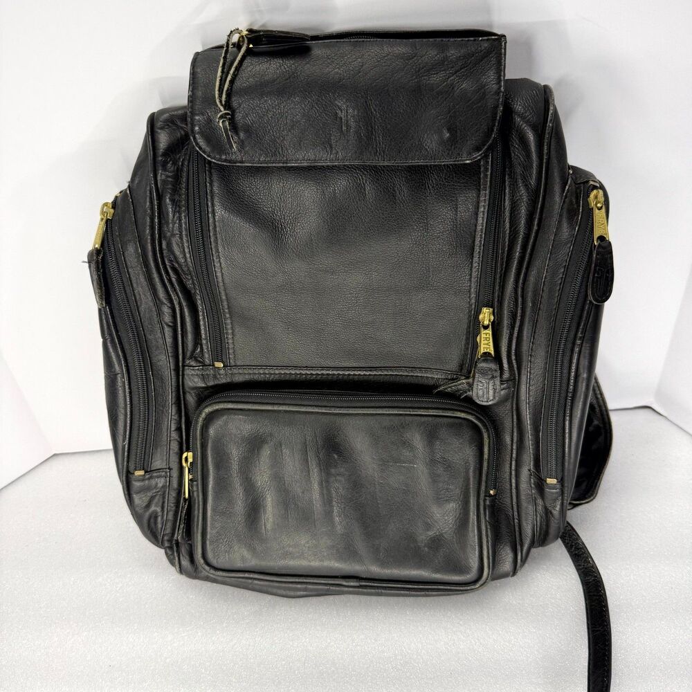 Vtg FRYE Backpack Black Genuine Leather Utility Multi-Pocket Travel Rucksack